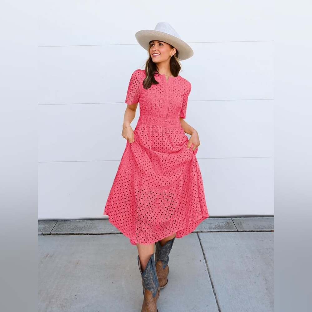 NWT Elegant Pink/corral  Eyelet Dress with pockets small